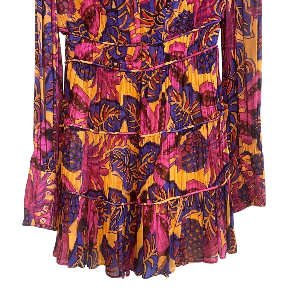 Farm Rio Anthropologie Fruit Dream Tropical Leaf Print Long Sleeve Mini Dress S - Picture 6 of 11
